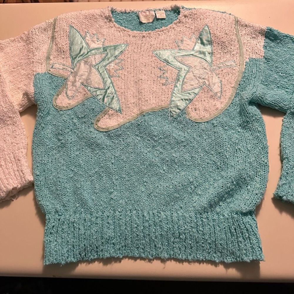 Vintage 80s Needles & Yarn Womens Teal White Grannycore Sweater Appliqué Sz M